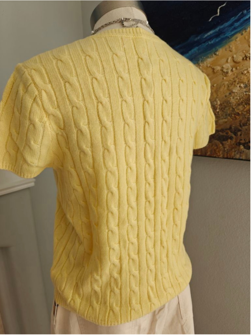 Women's Yellow Cable Knit Short Sleeve Crew Neck Sweater S - Picture 6 of 11